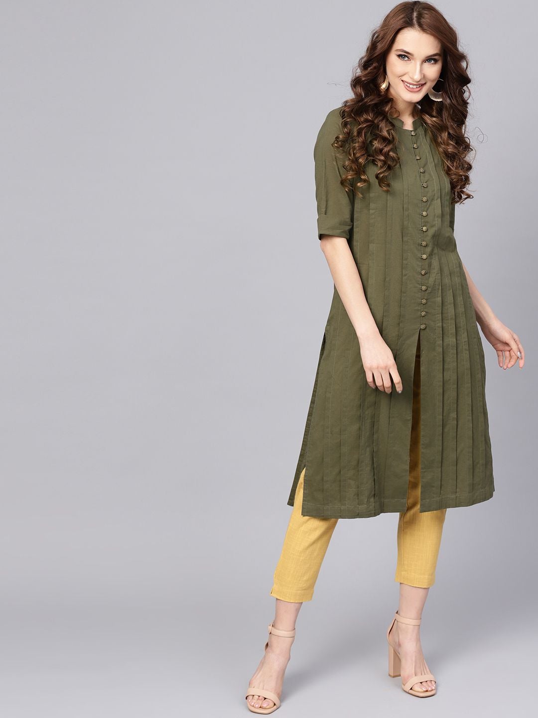 Olive And Cream Solid Straight Cotton Kurta with Pant