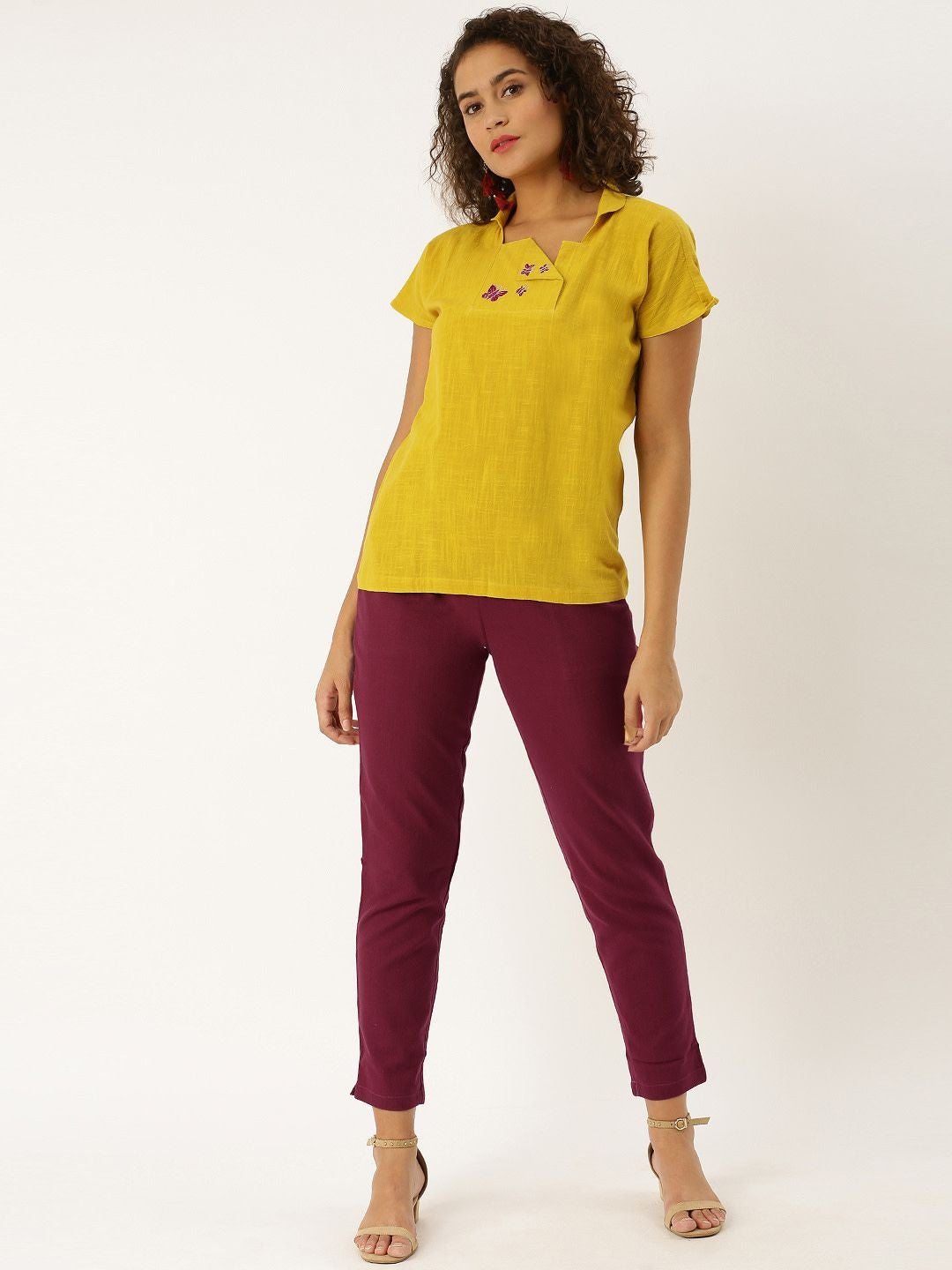 Mustard placement embroidered boxy top with Maroon pant.