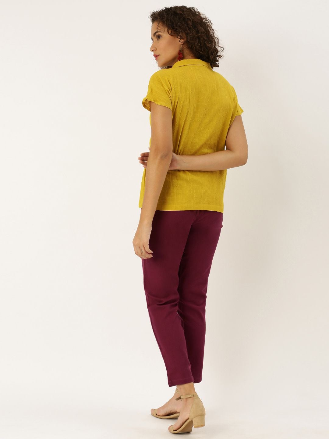 Mustard placement embroidered boxy top with Maroon pant.