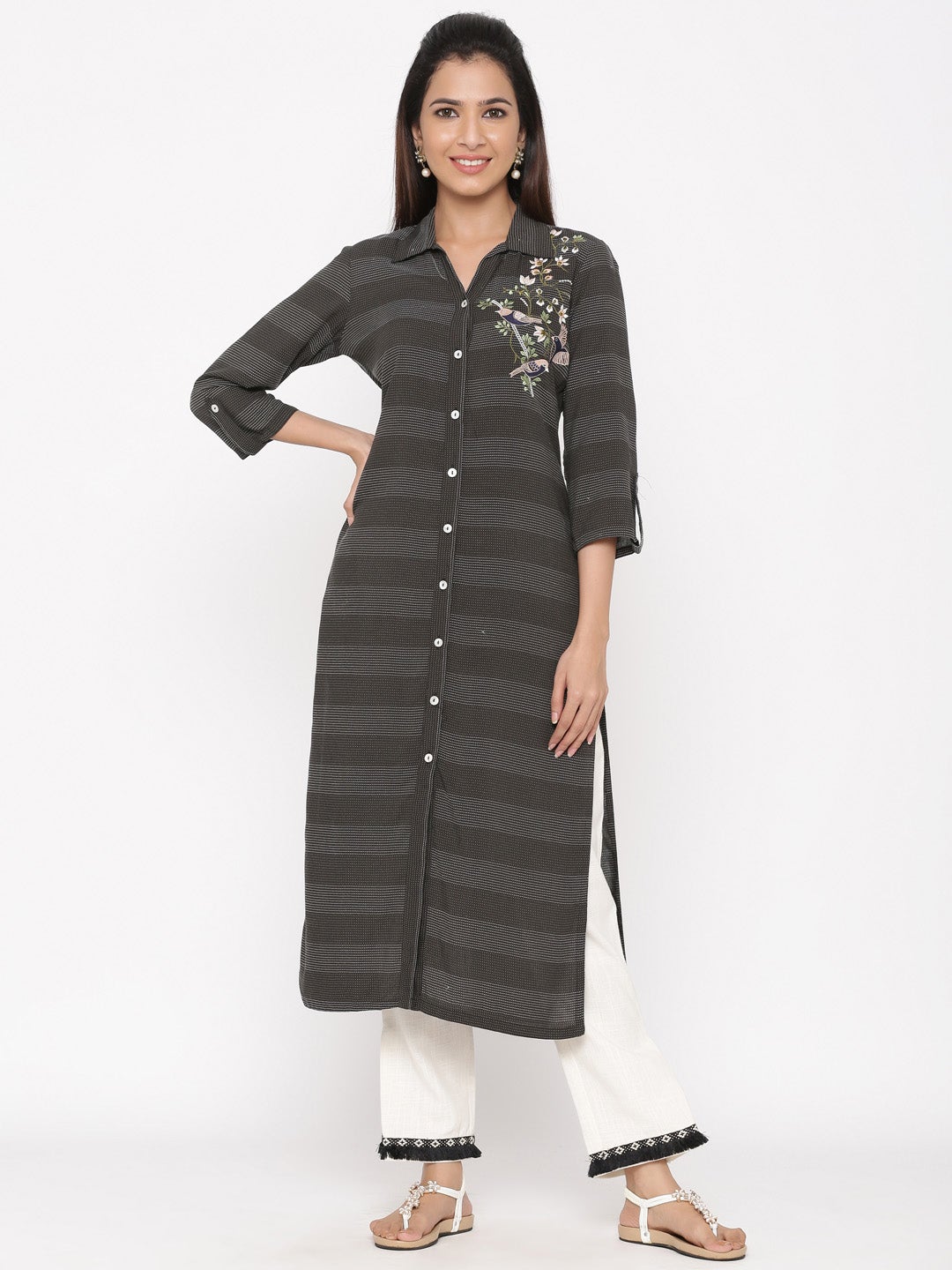 Black Embroidered Straight Rayon Blend Kurta With Pants