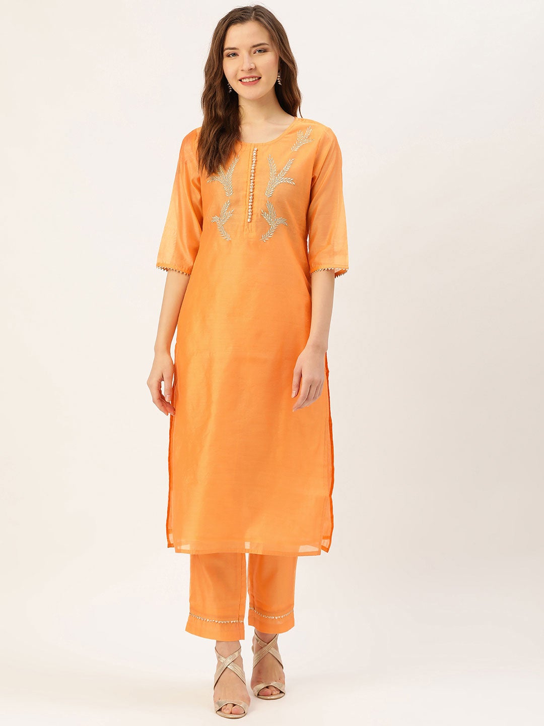 Yellow embroidered chanderi kurta with pants