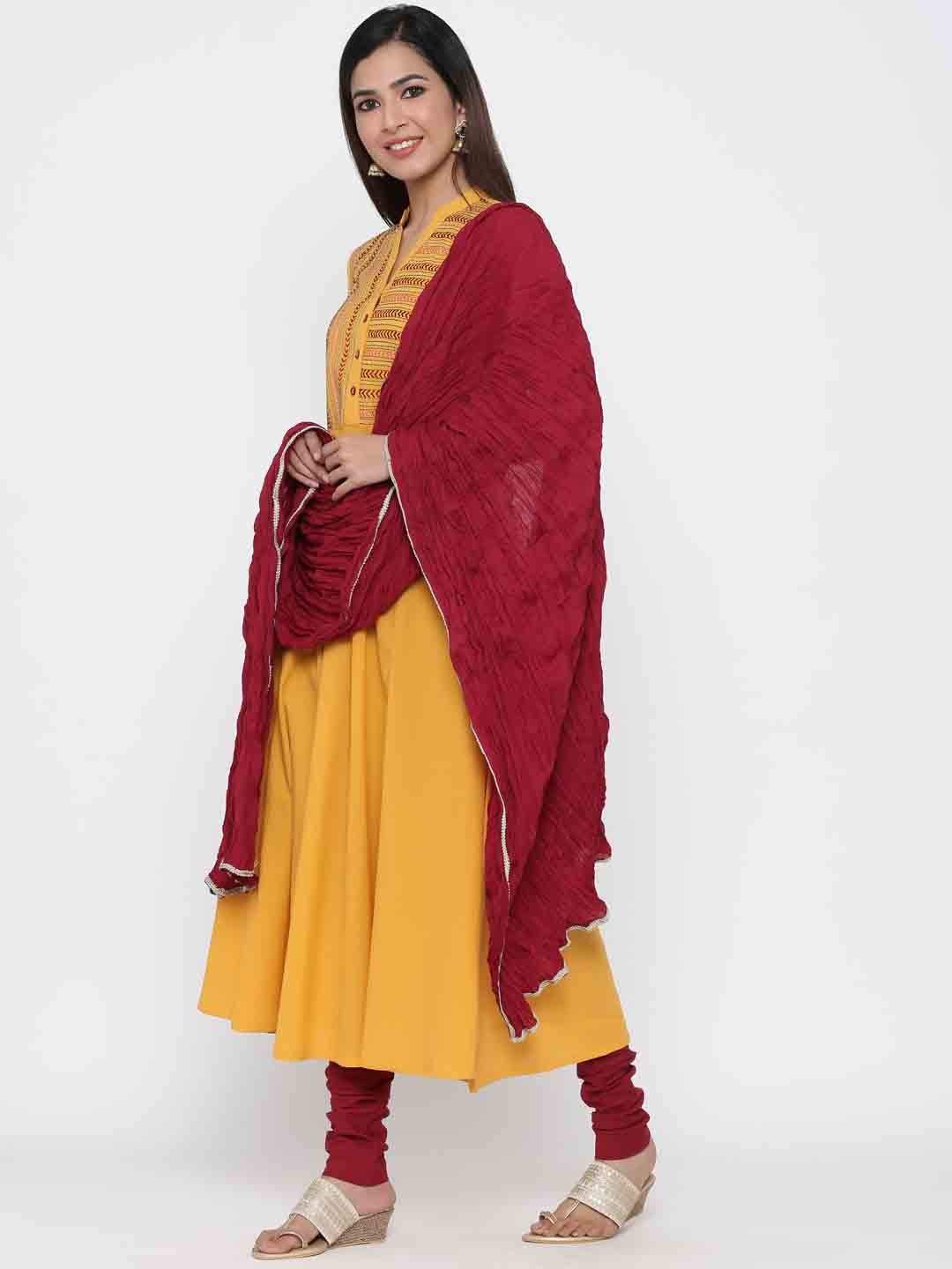 Mustard Yellow Solid Anarkali Kurta Cotton With Churidar Salwar and Dupatta