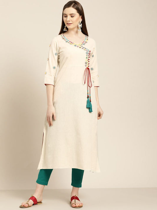 Off White Embroidered A Line Kurta With Solid Pant