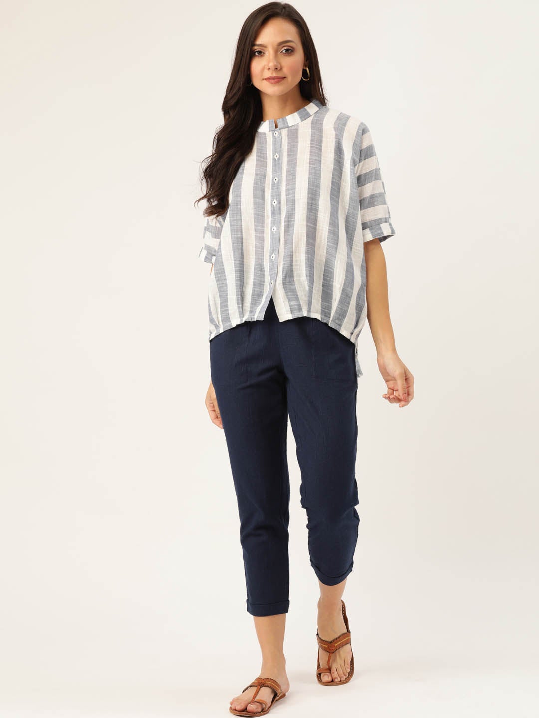 Blue & Navy Blue Stripe Straight Yarn Dyed Top With Pants