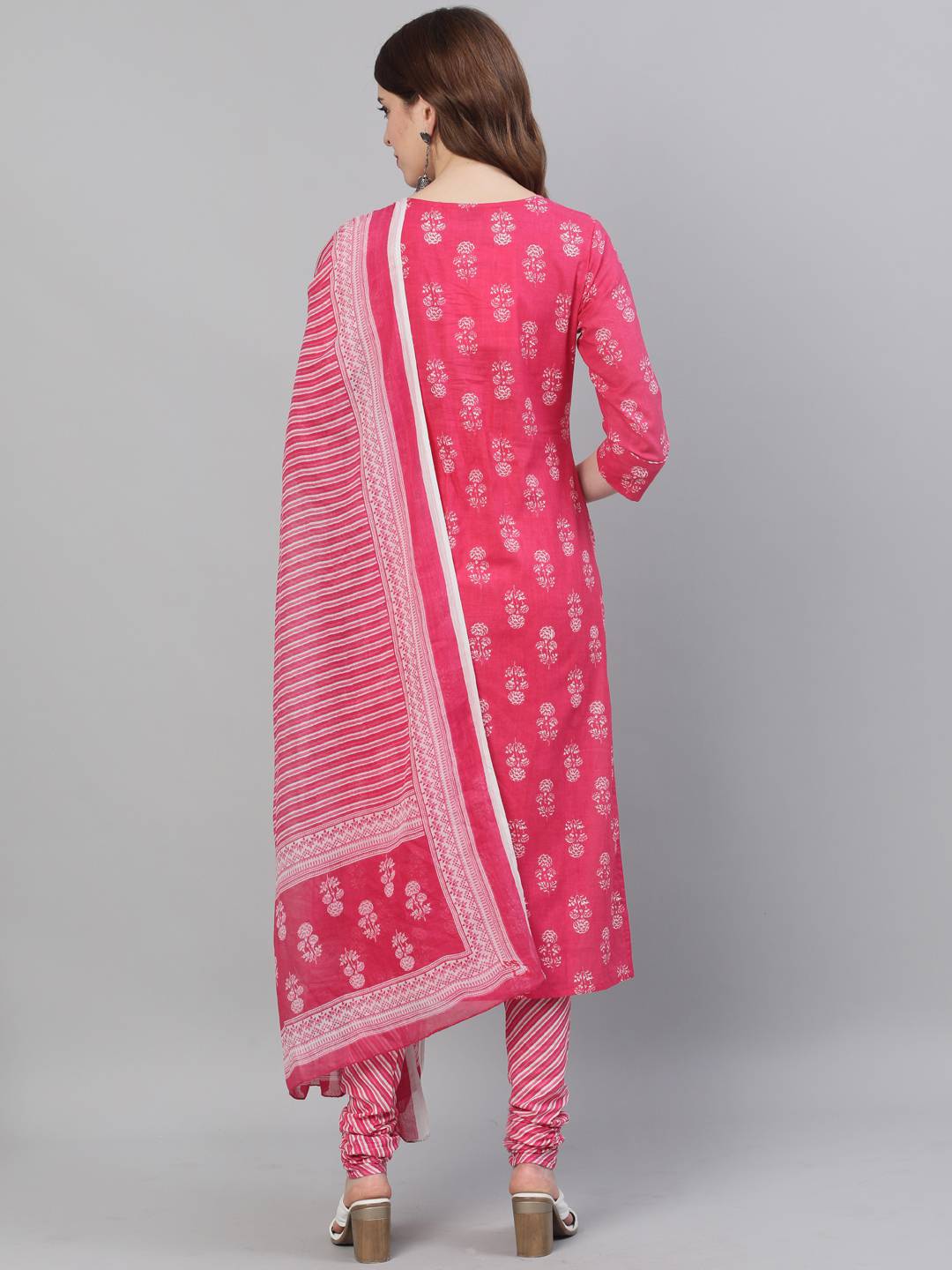 Pink Ethnic Print Straight Cotton Kurta With Chudidar And Dupatta