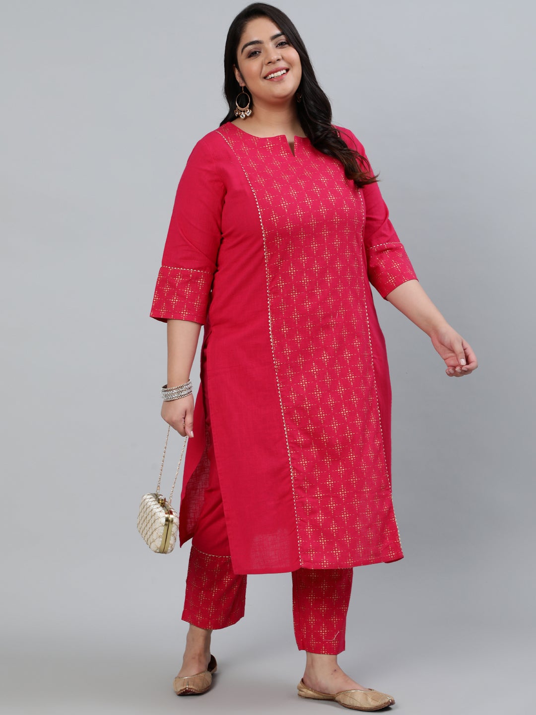 Pink & Gold Printed Straight Cotton Blend Kurta with Pants