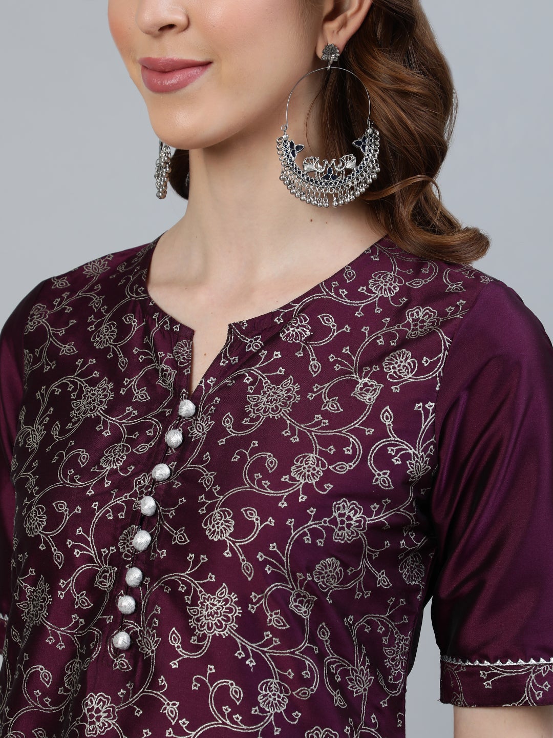 Purple Printed Silk Blend Straight Kurta with Pants