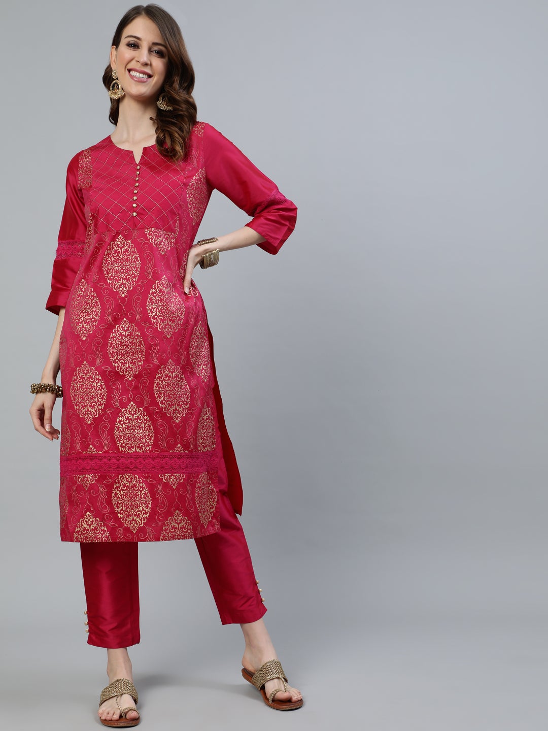 Pink Printed Straight Thread & Lace Work Kurta with Pants