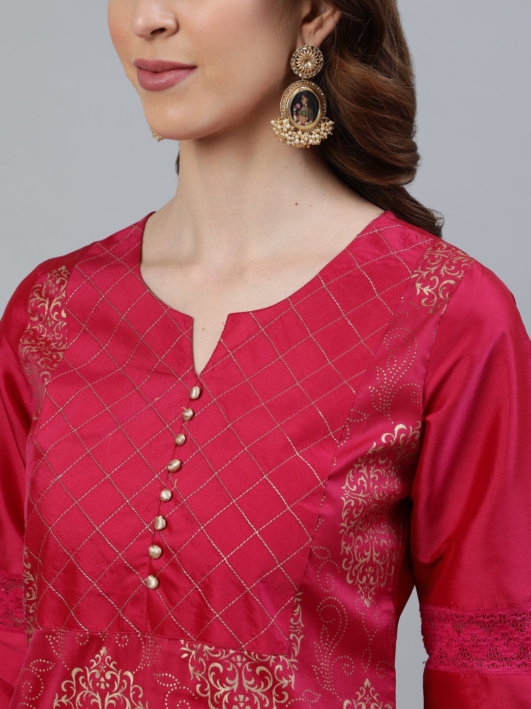 Pink Printed Straight Thread & Lace Work Kurta with Pants