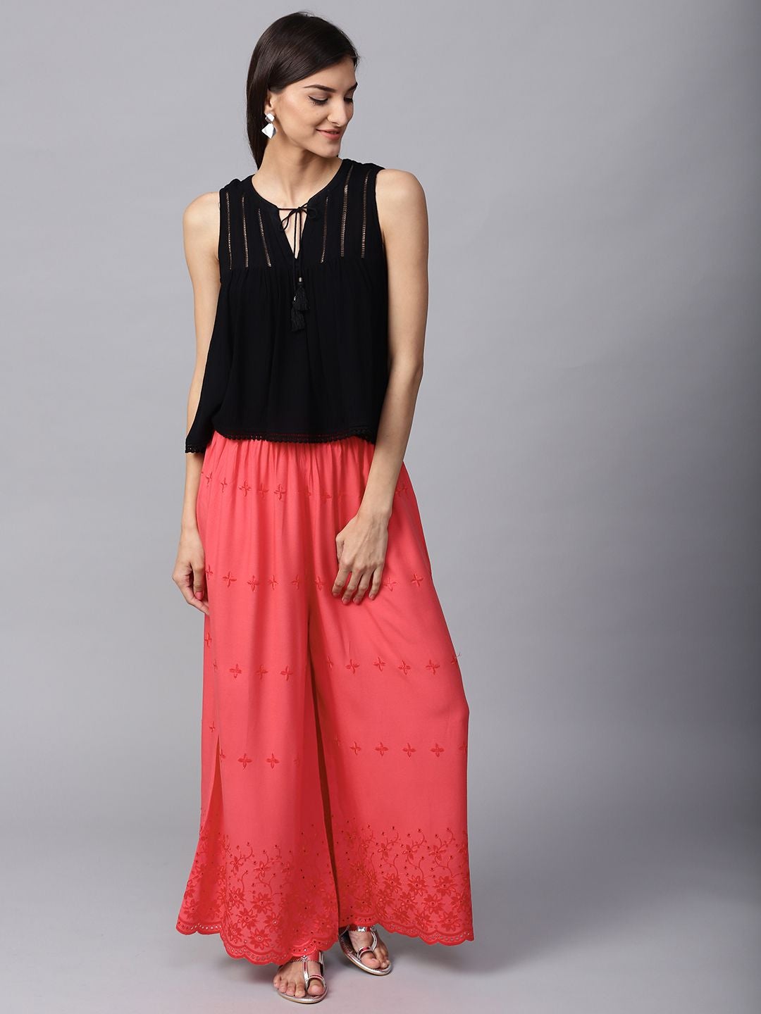 Coral Solid Straight Rayon Schiffly Palazzo