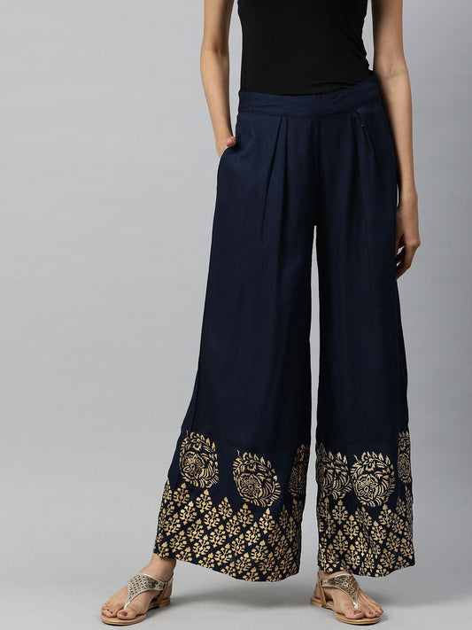 Blue Solid Rayon Slub Palazzo