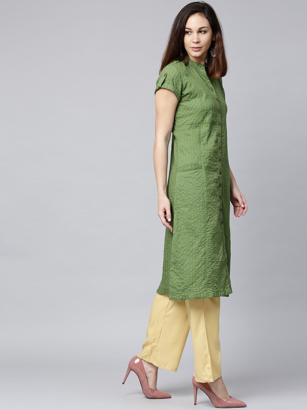 Olive and Beige Solid A-Line Cotton Kurta With Palazzo