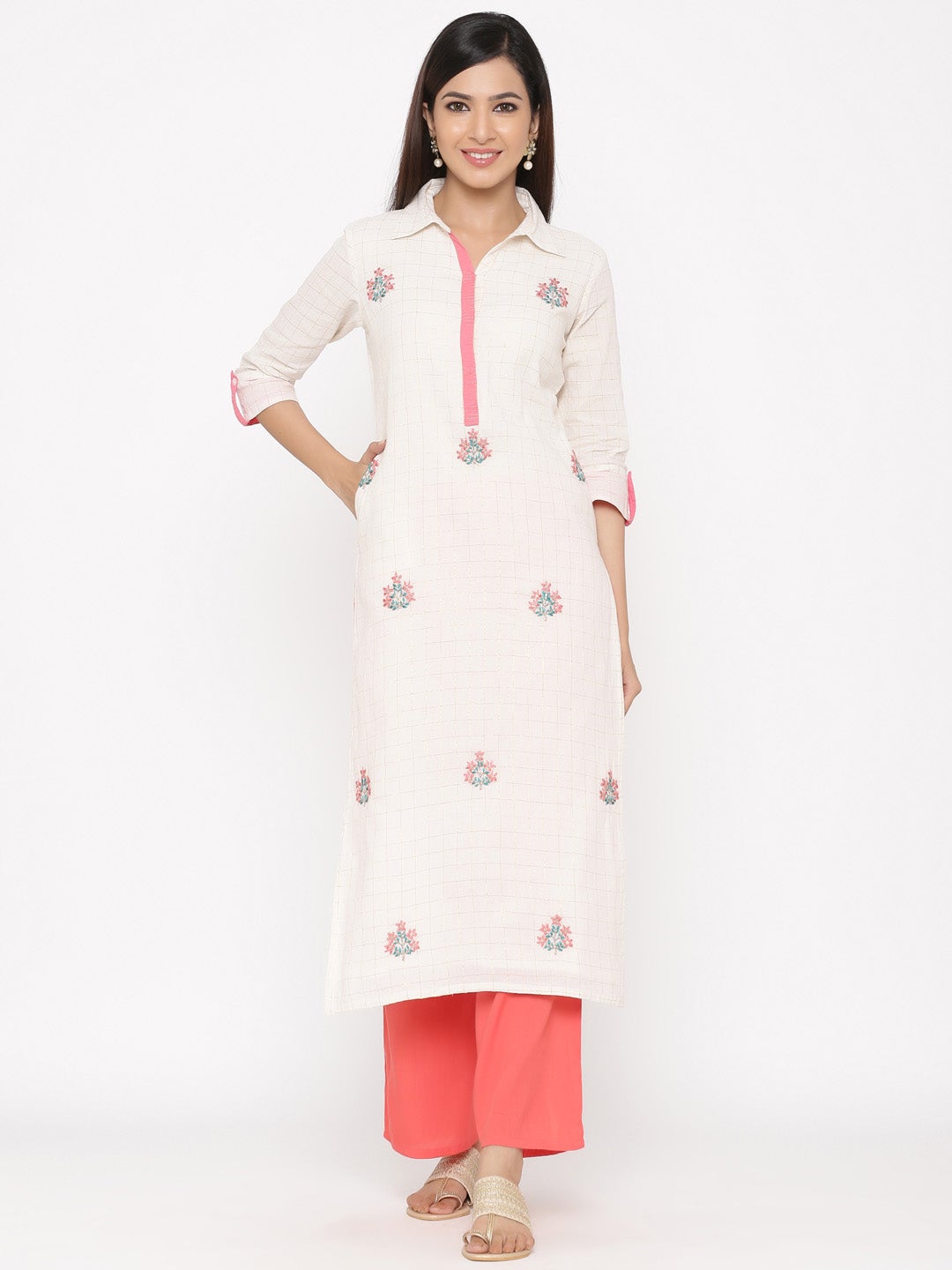 Off White Embroidered Straight Cotton Kurta With Palazzo