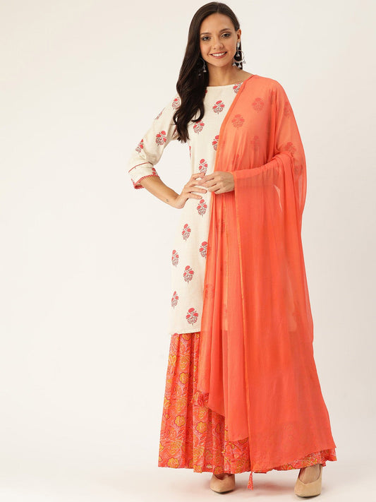 Off White Ethnic Print Straight Cotton Flex Kurta With sharara and Dupatta