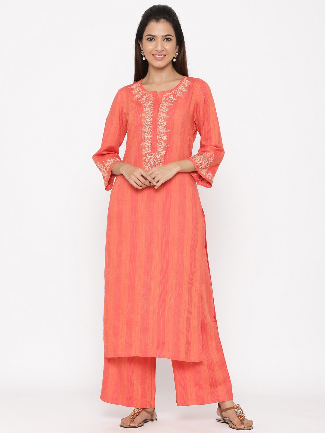 Coral Embroidered Straight Blended Kurta With Palazzo