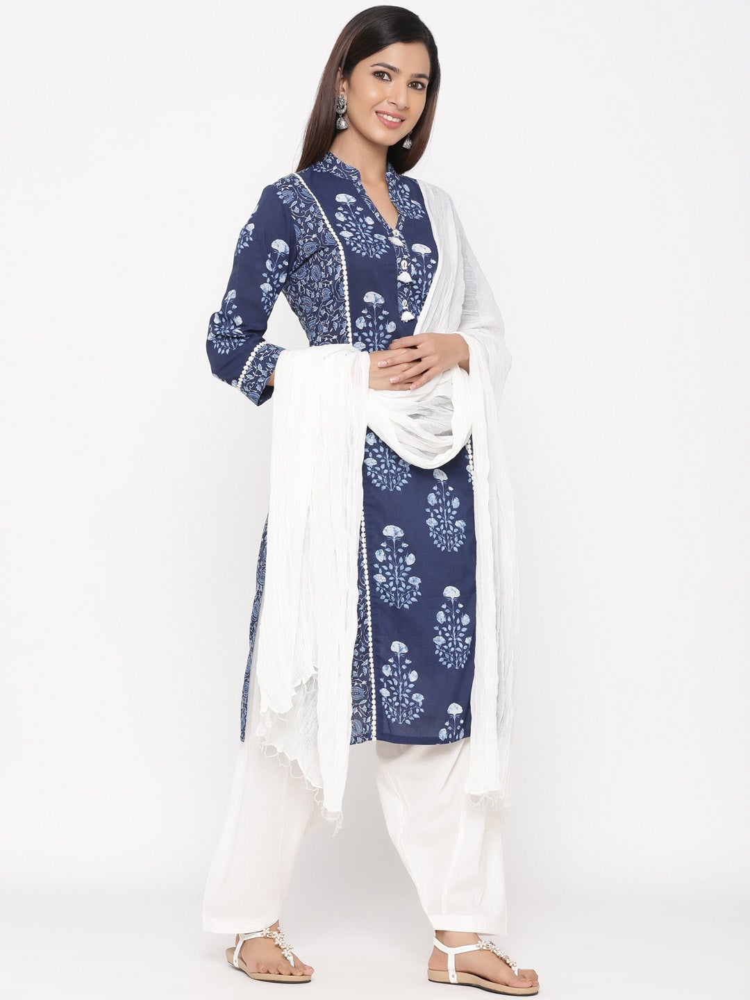 Indigo Blue Printed Straight Cotton Kurta With Salwar and Dupatta