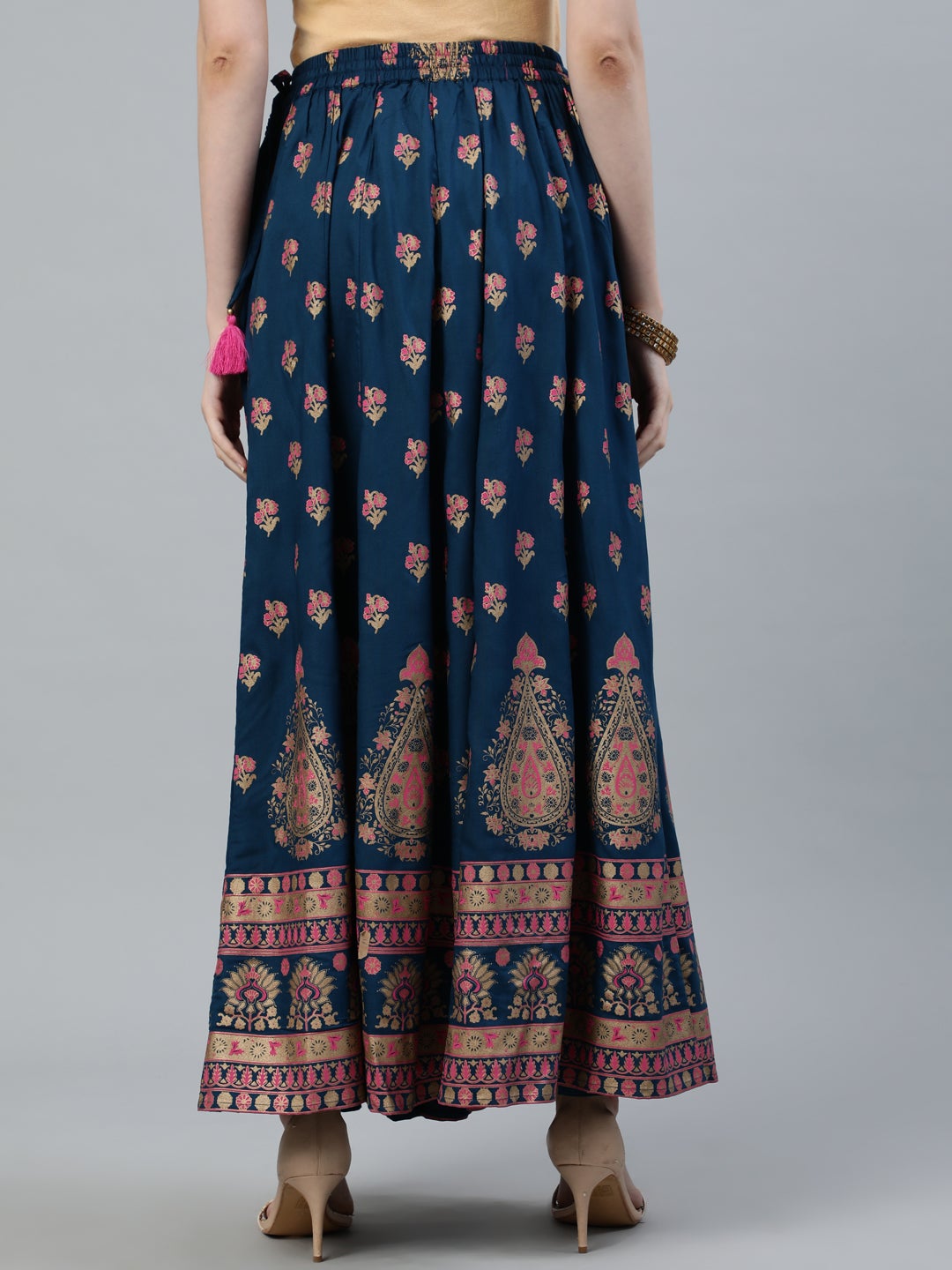 Teal Blue Ethnic Printed Maxi Flared Skirt