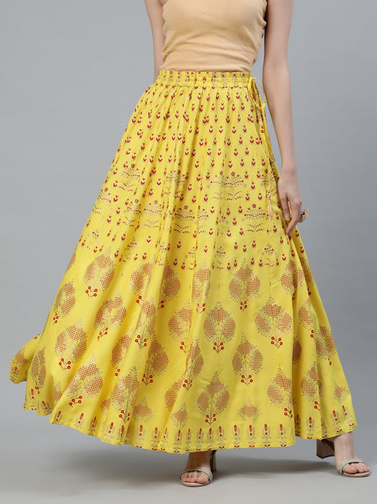 Yellow Gold Printed Maxi Flared Skirt