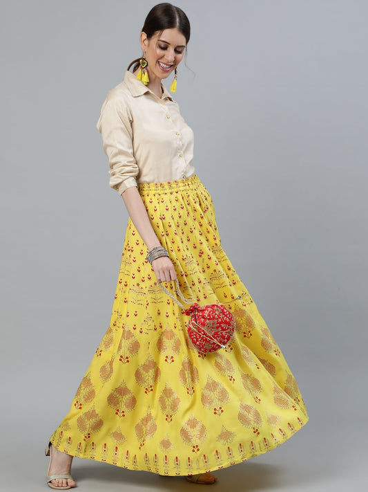 Yellow Gold Printed Maxi Flared Skirt