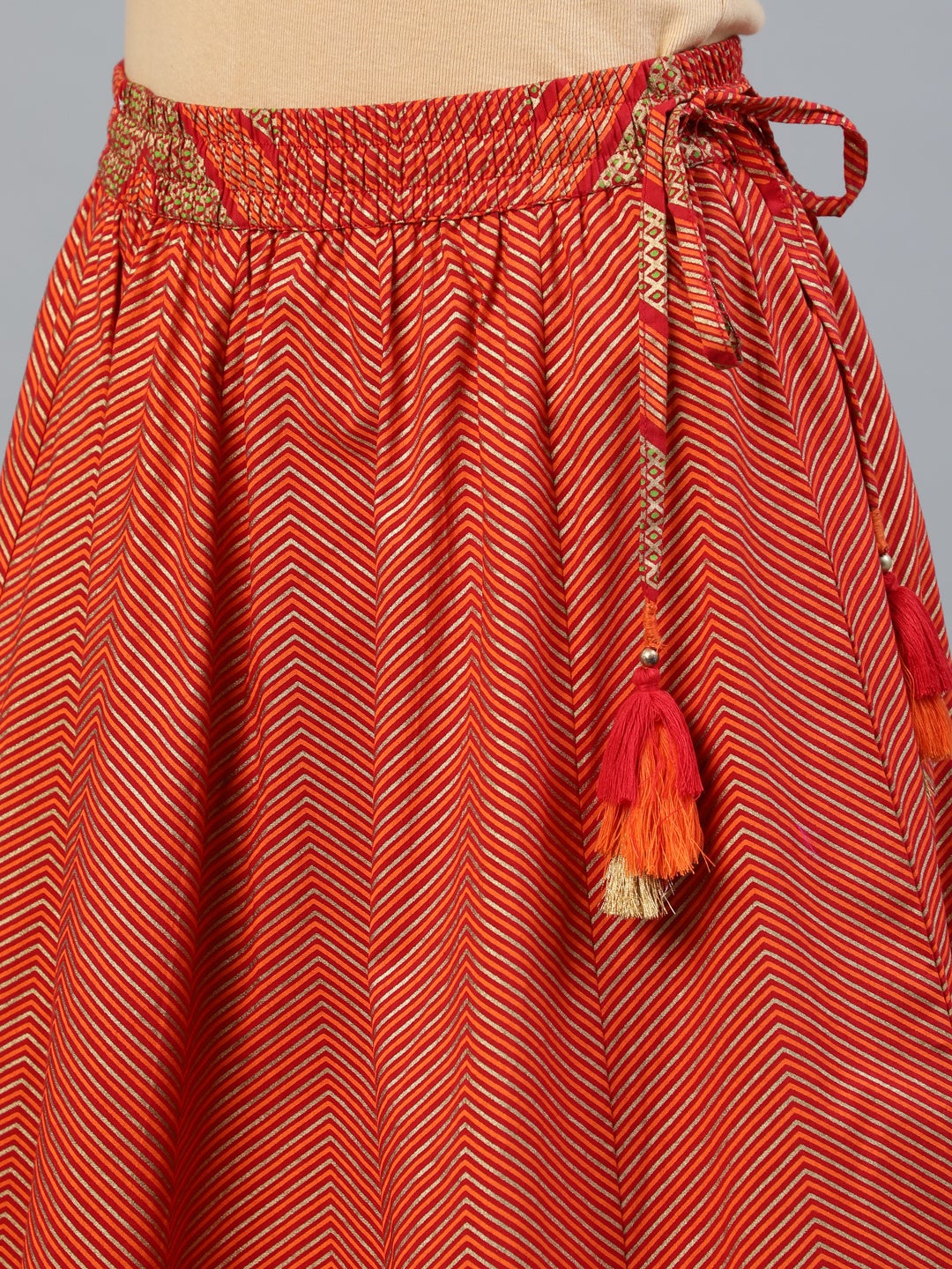 Red Gold Printed Cotton Maxi Flared Skirt