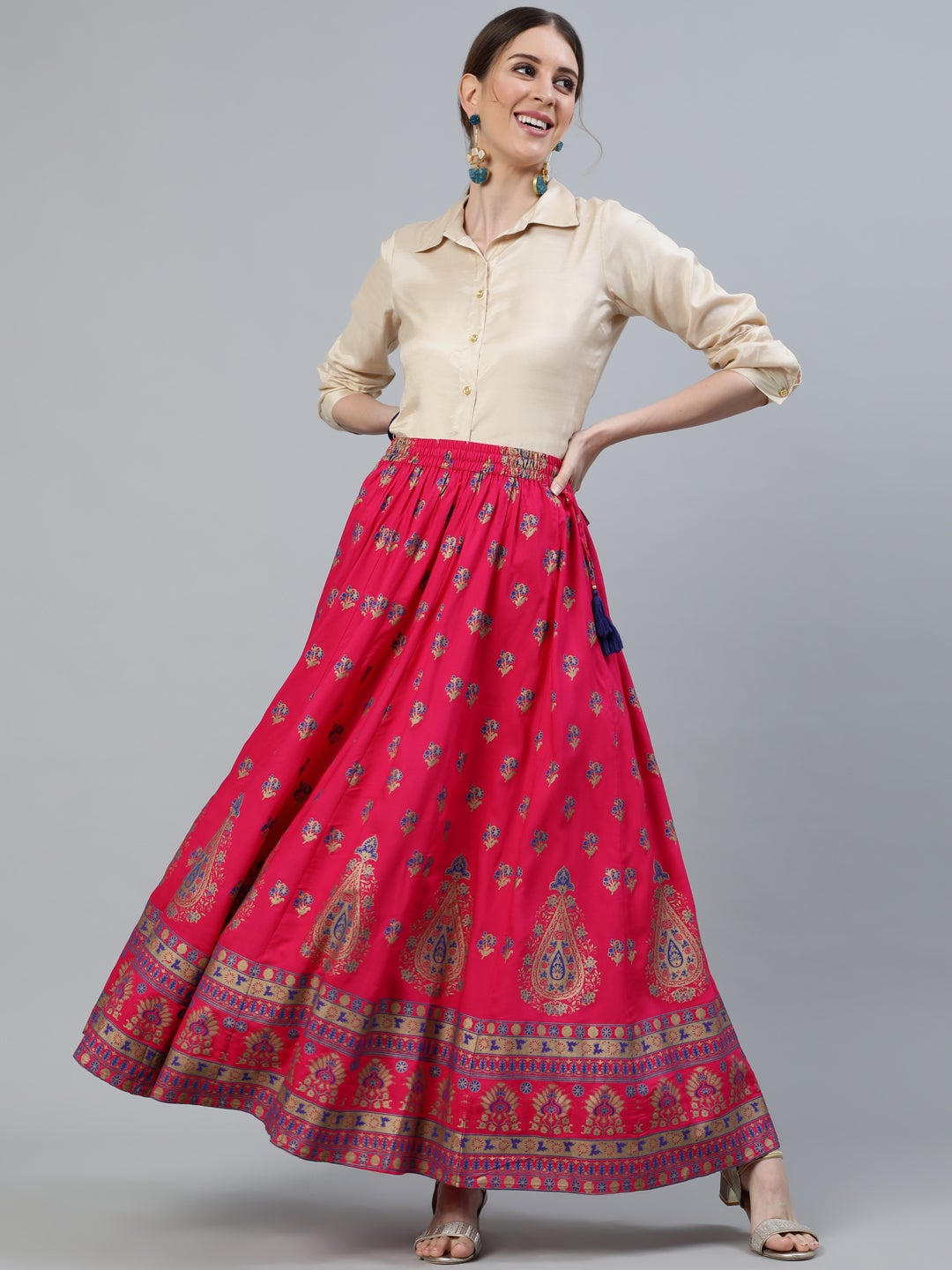 Pink Ethnic Printed Maxi Flared Skirt